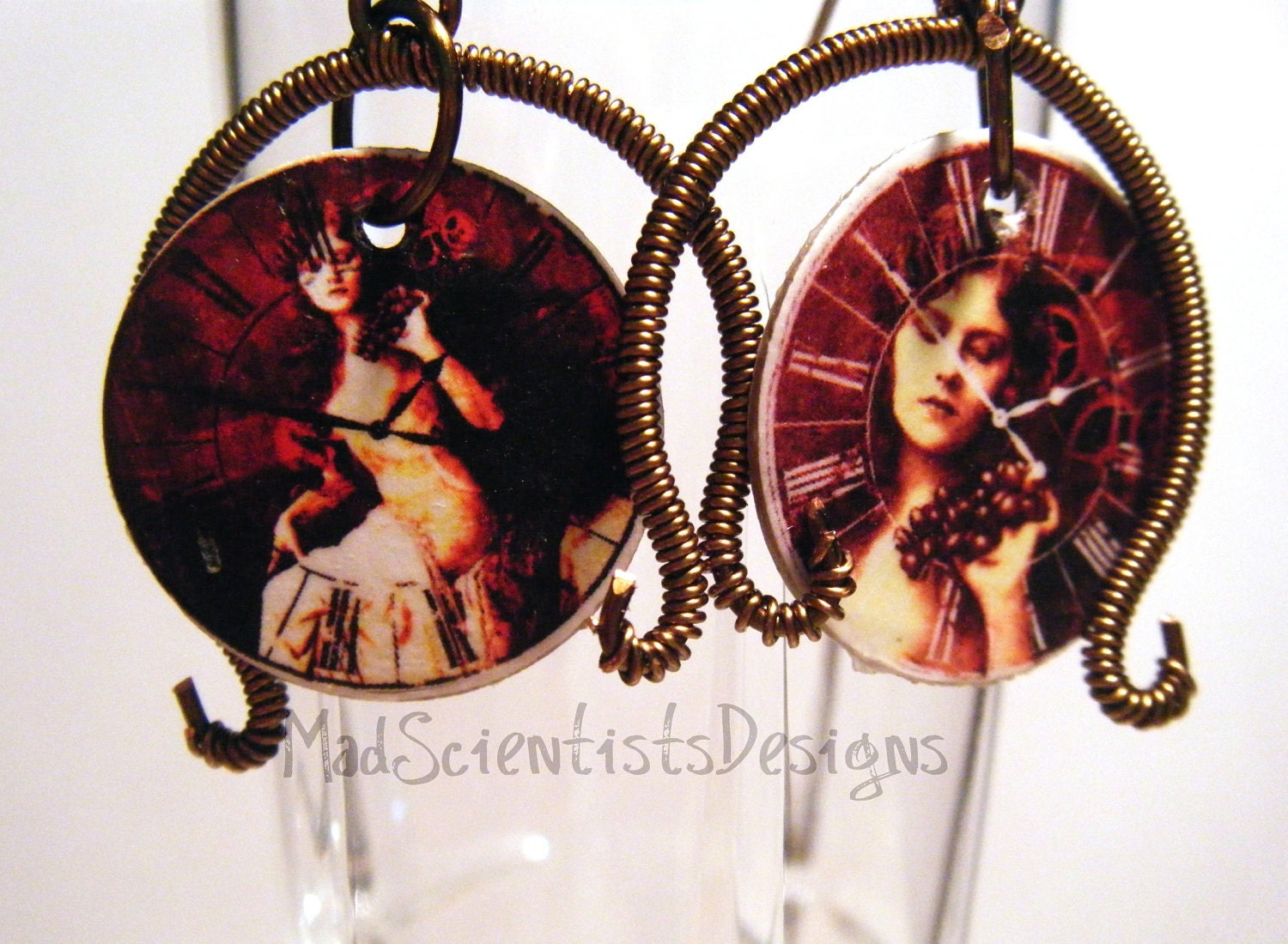 Steampunk Decoupage Earrings 001 Brass and Red