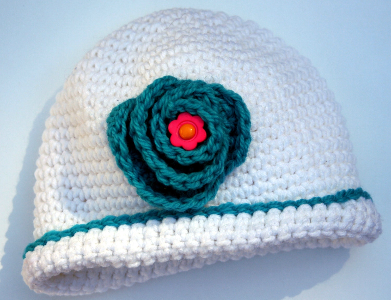 Flower Hat beanie for baby girl 3-6 months white with teal green and pink accent flower rose