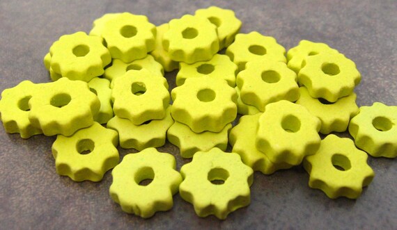 10 NEON YELLOW Tiny Gears Greek Ceramic Beads