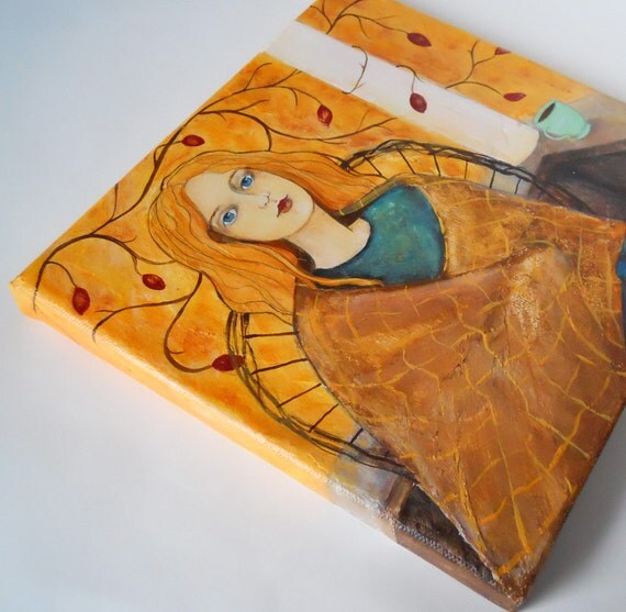 Daydreaming Girl - Book and A Cup of Tea - 8 x 8 Inches on Gallery Wrapped Canvas