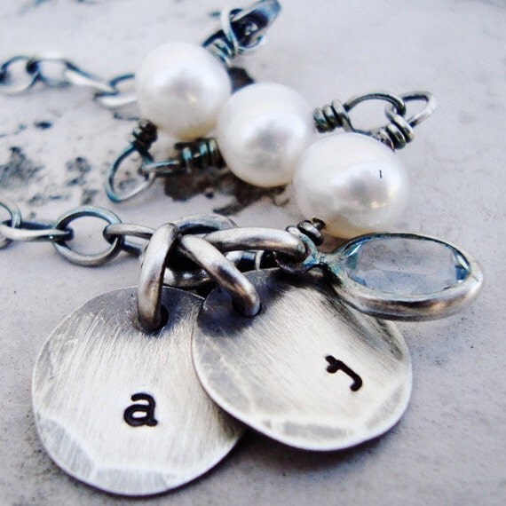 typed initials... personalized handstamped rustic pearl mothers charm bracelet