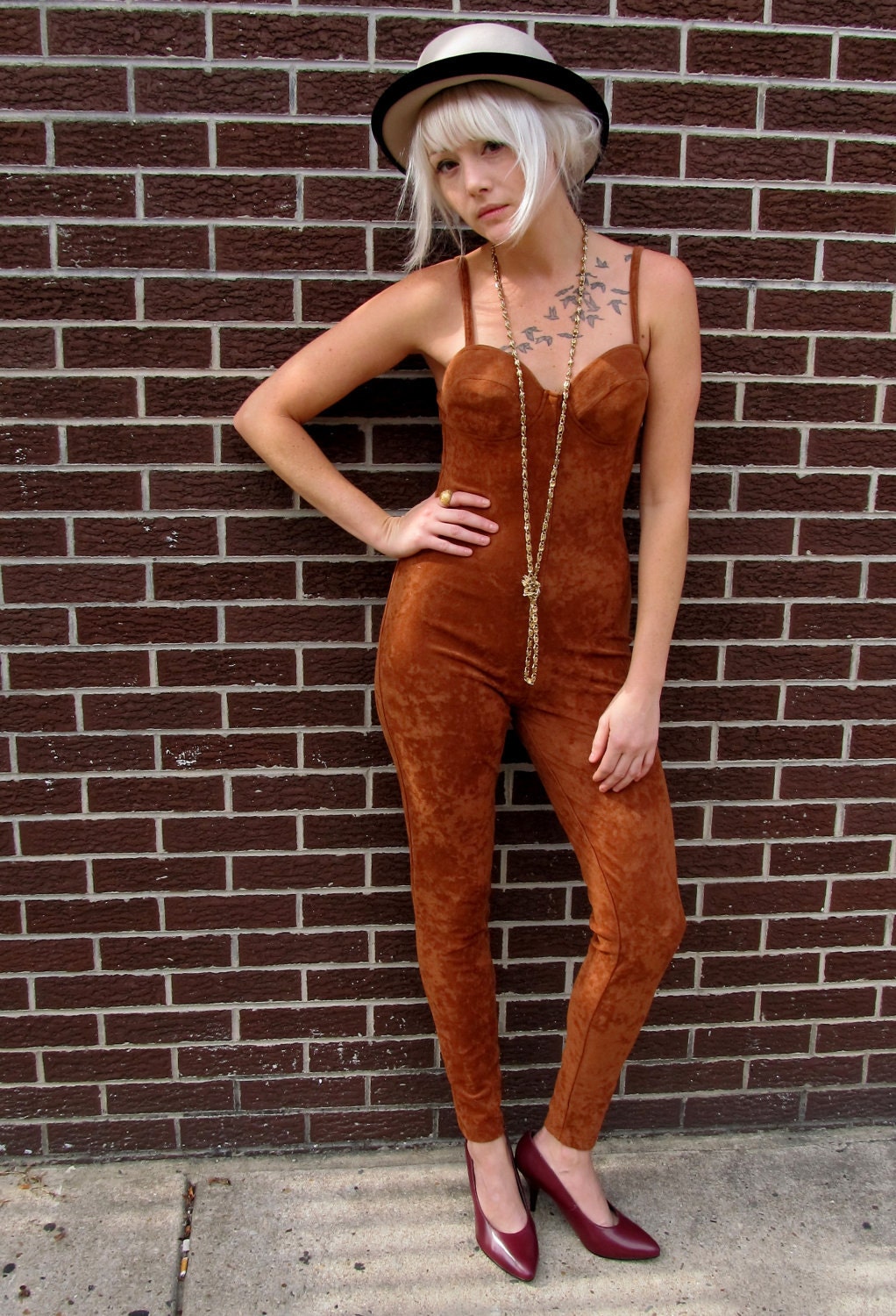 80's 90's Contempo Brown Spandex Skinny One Piece Catsuit Jumpsuit Small
