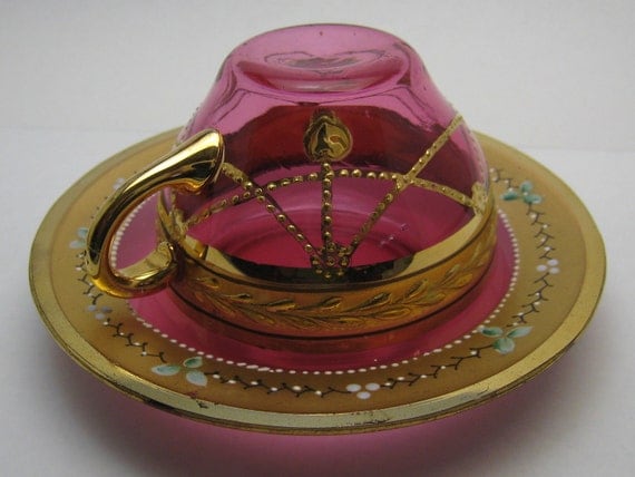 Cranberry Pink Glass Tea Cup And Saucer Demitasse