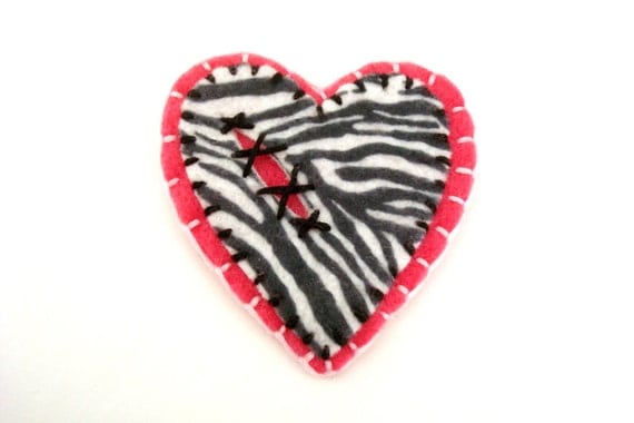 Heart Felt Brooch Zebra Animal Print and Pink