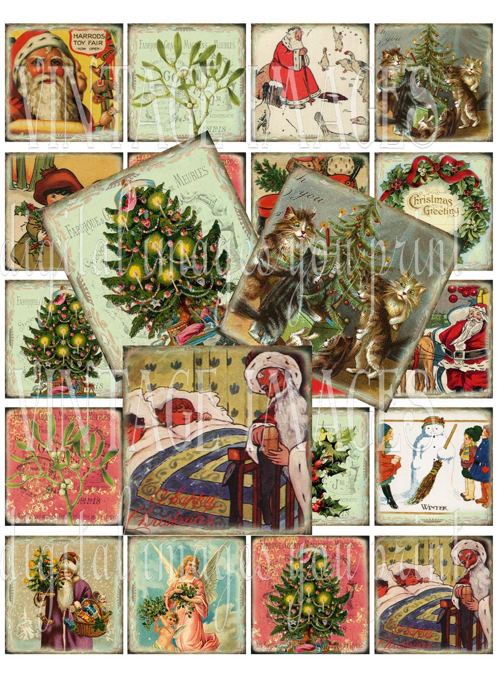 Vintage Christmas digital collage sheet -  20 x 2 inch squares - Holiday Scrapbooking Santa Claus - Buy 1 sheet get another FREE