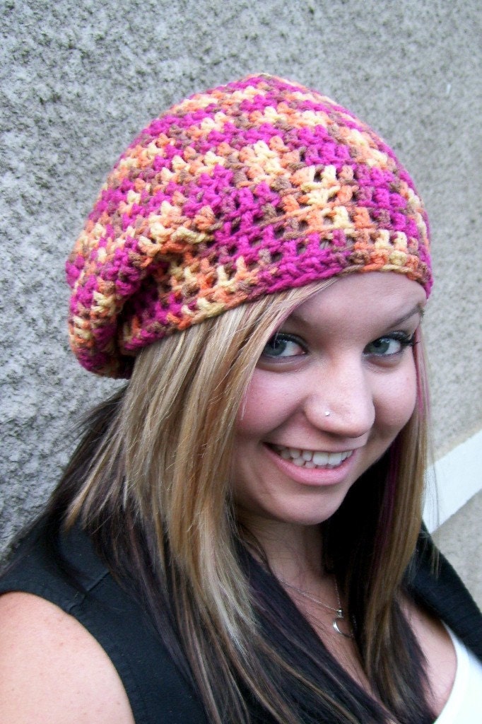 Slouchy Beanie Crocheted Oranges Pinks