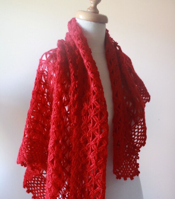 Red Star Shawl Triangle Crochet Scarf Mohair Acrylic Stole Wrap Lace Shawl