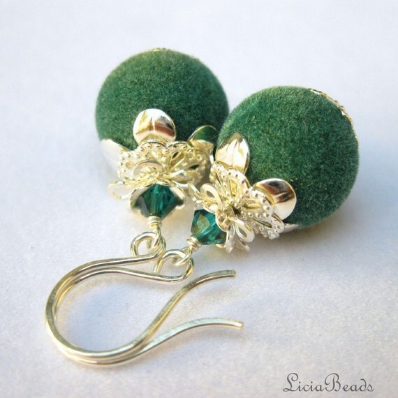 Walk Softly - Fuzzy bead earrings, teal swarovski crystal and sterling silver