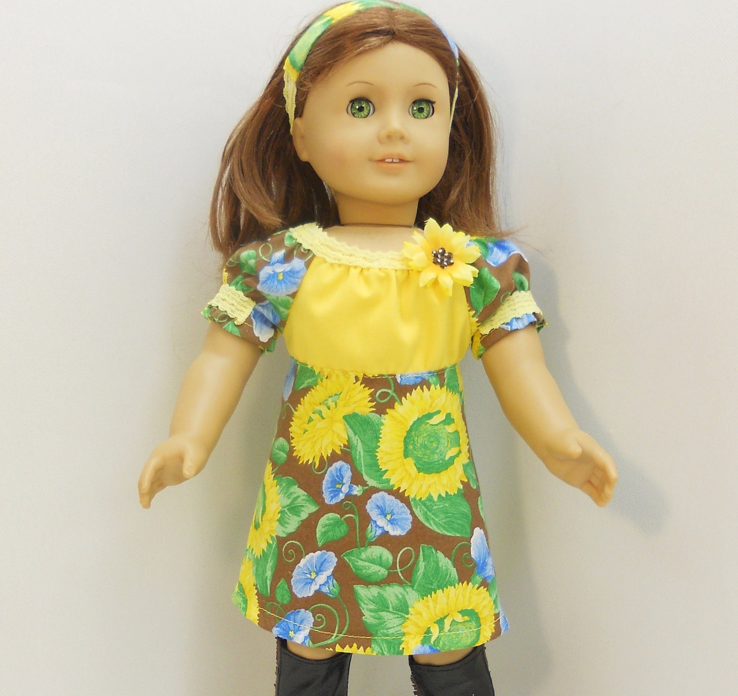 American Girl Doll Clothes Peasant Dress 3 pc Set  fit 18" dolls  Yellow Sunflowers on Brown