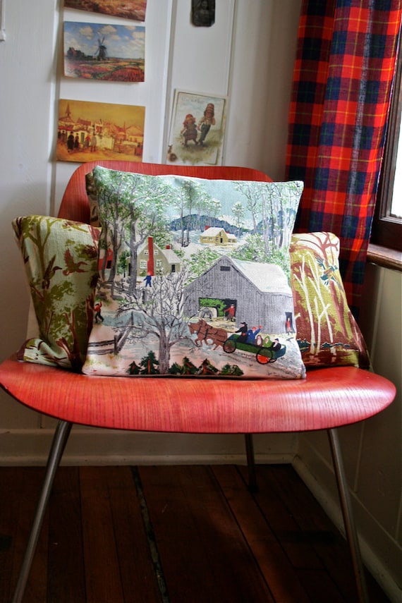 Grandma Moses Hand Made Fabric Pillow - Folk Art Artist - Early Springtime on the Farm