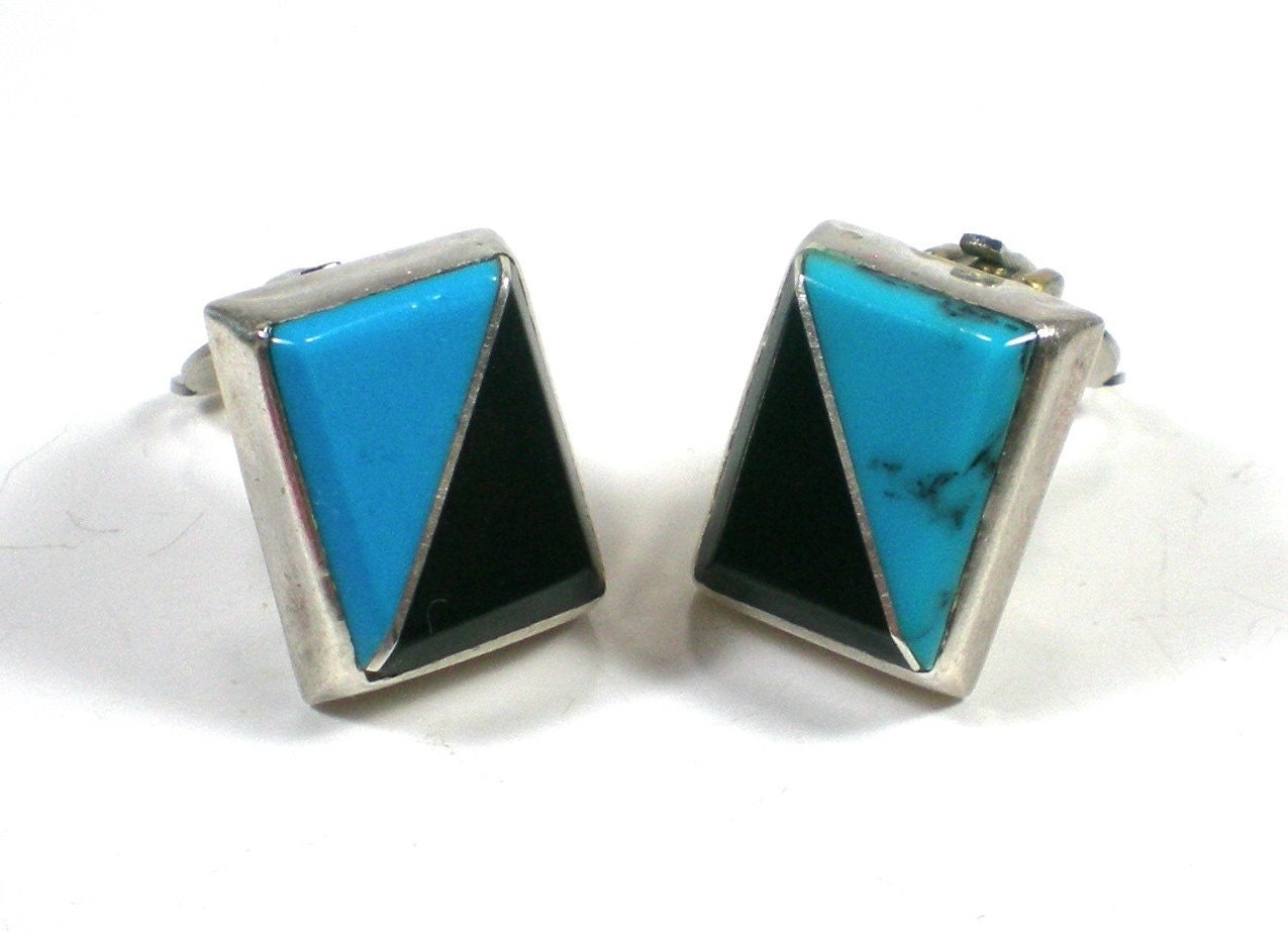 Vintage Sterling Earrings With Turquoise And Onyx by paleorama from etsy.com