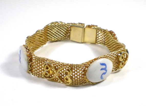 Vintage Gold Tone Mesh Bracelet With Blue Chinese by paleorama from etsy.com
