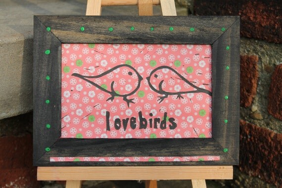 Linocut Print of Lovebirds with Handpainted Frame