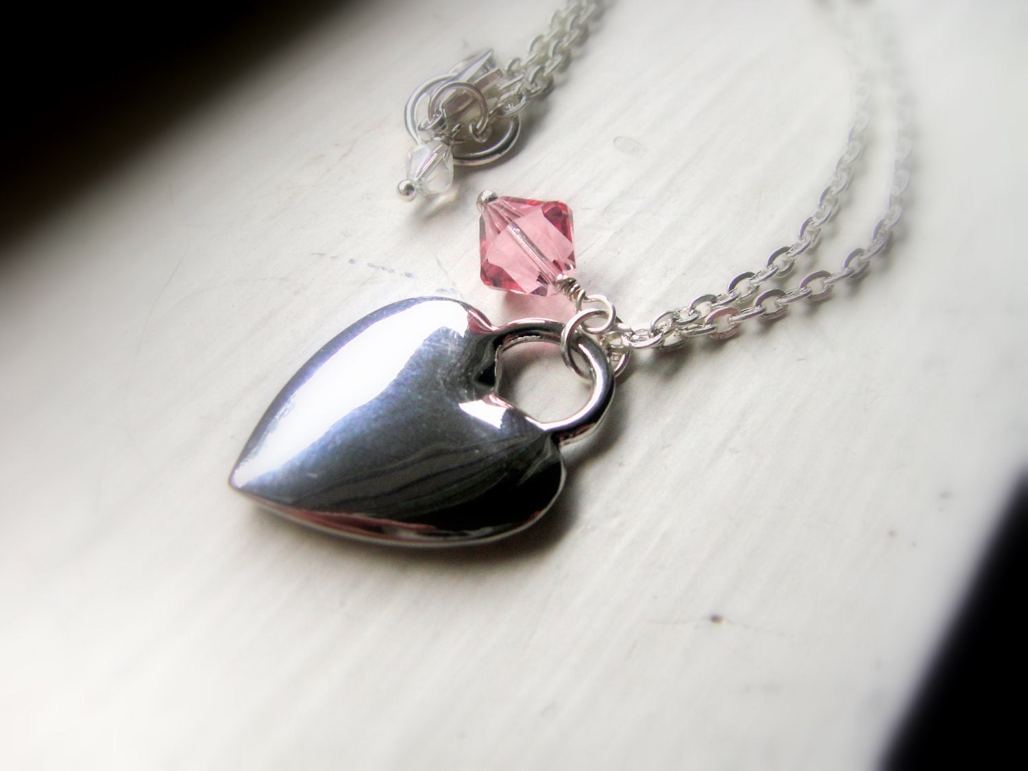 Heart Necklace with Pale Pink Crystal Accent and Silver Tiffany Style Charm - Pastel Passion