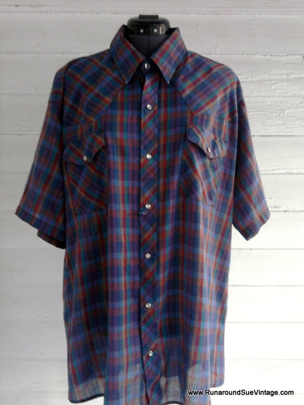CLEARANCE - Vintage Men's WESTERN Shirt - Short Sleeve, Purple, Red, Teal, Blue Plaid XL
