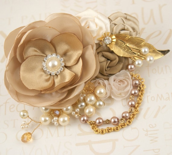 Bridal Hair Clip Fascinator - Vintage Inspired Gold, Cream, Champagne with Vintage Brooch, Chains, Satin Flowers, Pearls and Crystals