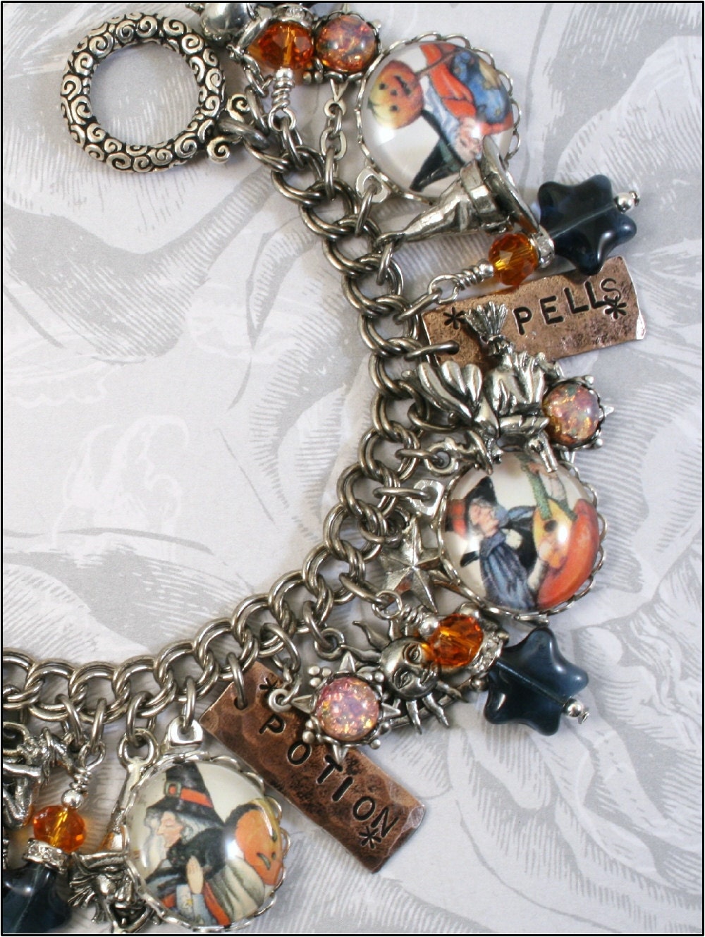 The Mystic Witch, Halloween, Magic, Witches, Vintage Inspired Charm Bracelet