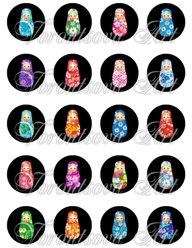 Matryoshka doll black 1 inch Circle image Matrioshka Babushka Russian Dolls Digital Collage Sheet Printable download Bottle Cap Magnets 8204