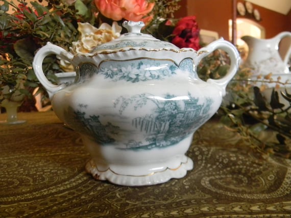 Antique 1890's Teal Transferware Dual Handled Large Sugar Bowl or Tea Caddy Maddock Bombay Roses Scrolls Flowers Ships