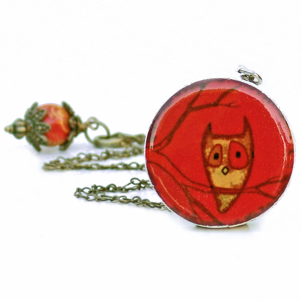 Owl Necklace Seeing Red Bird Woodland by Catherine Jeltes as galleryzooartdesigns on Etsy from etsy.com