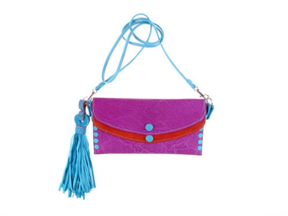 Cockatoo clutch in bright fuschia, coral and turquoise leather