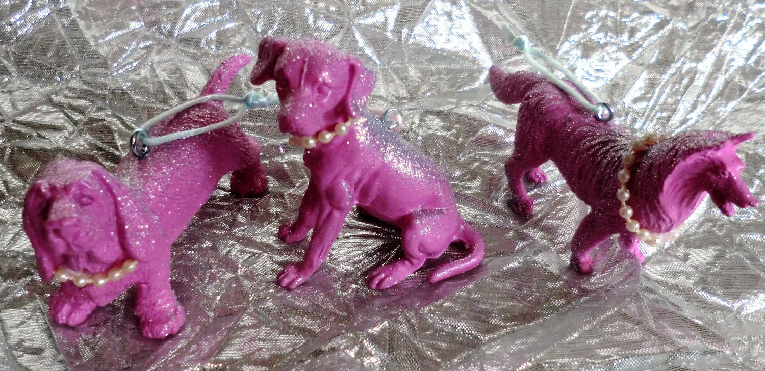 HANDMADE Christmas Decorations - 3 Pink DOGS