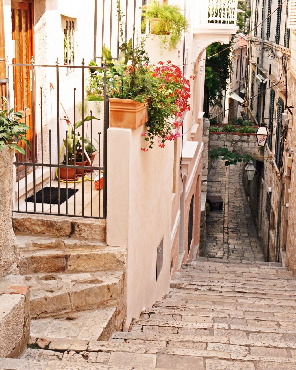 Pink Streets of Dubrovnik - Photography - Stepped Streets - Old City Photo - Flowers - Mediterranean Decor - Travel Art - Feminine Print