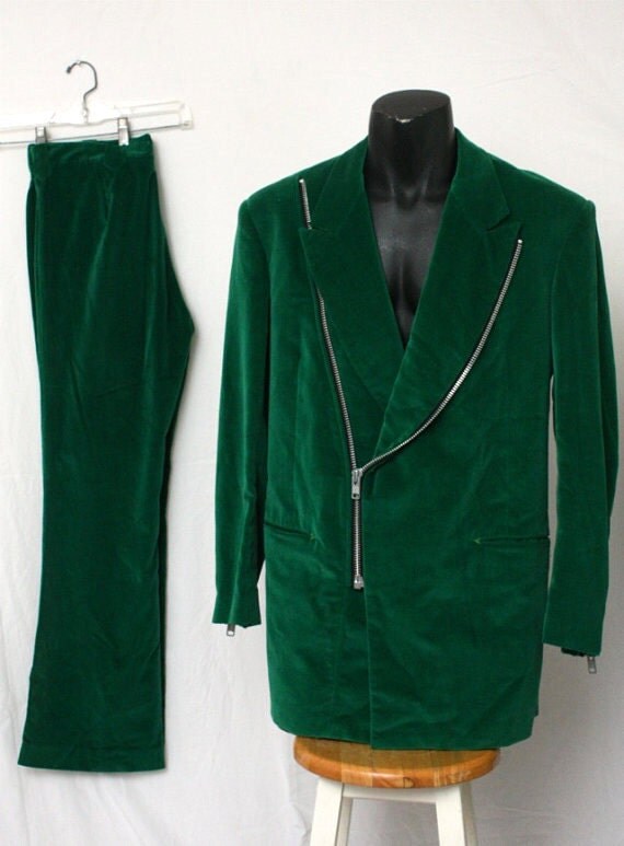 MANUEL Mens Green Velvet Suit - Custom - Zippers - Jacket Pants - Country Western Rock -OOAK 44  32