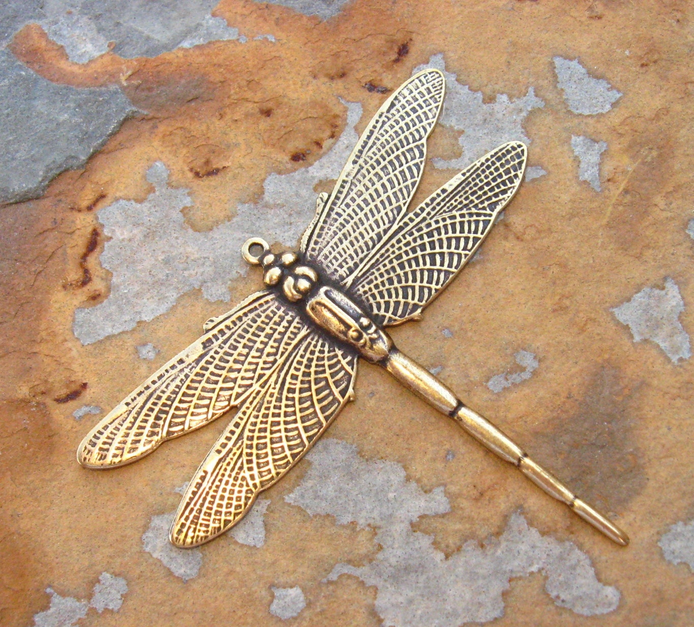 1 Trinity Brass  Antique Gold Patina Large Dragonfly Pendant 49mm x 43mm -  LOW SHIPPING