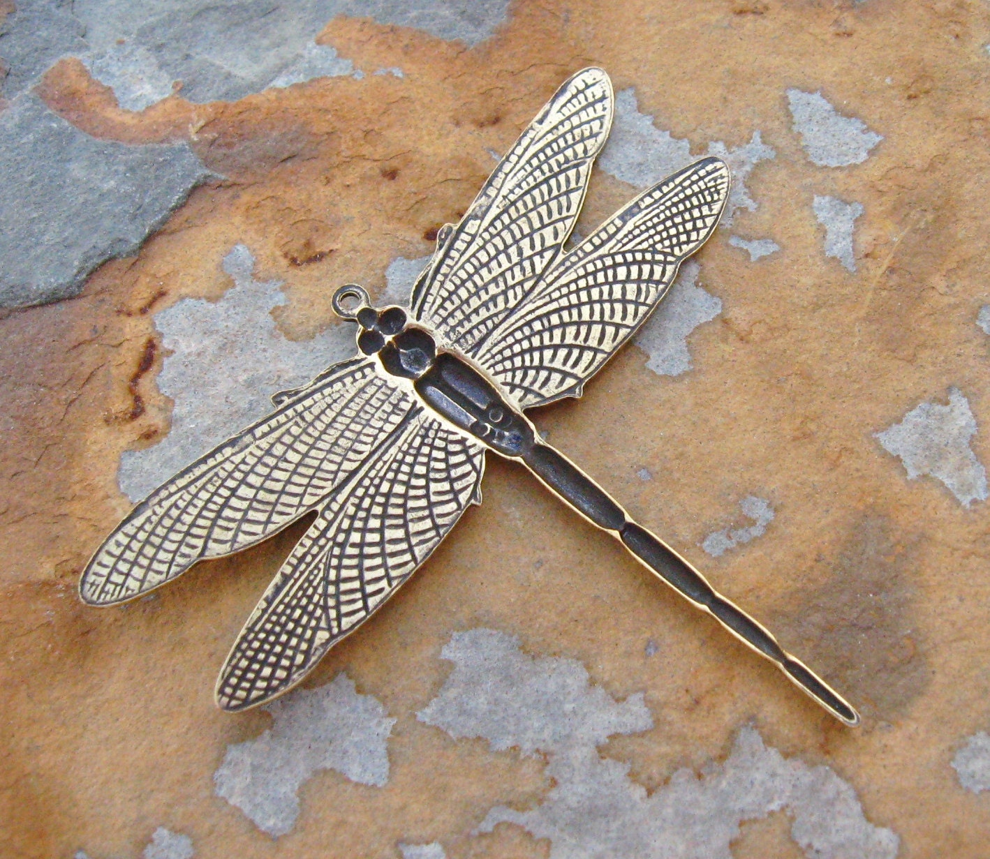 1 Trinity Brass  Antique Gold Patina Large Dragonfly Pendant 49mm x 43mm -  LOW SHIPPING