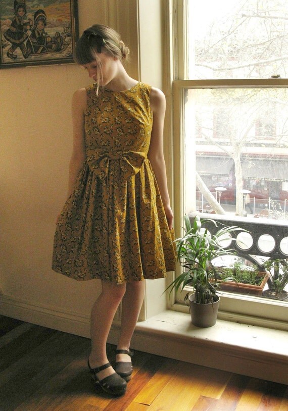 SALE The 'Katherine' handmade golden mustard floral dress with bow