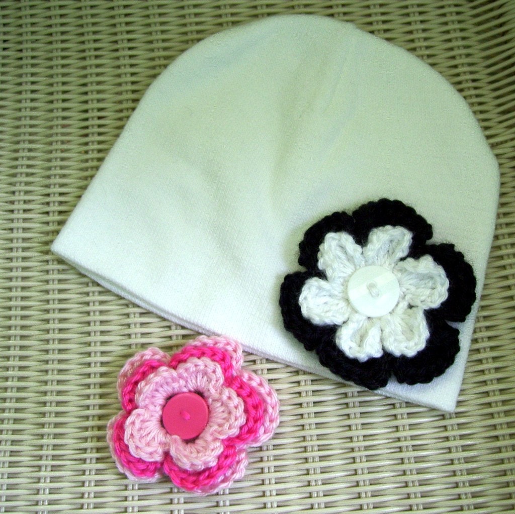 White Beanie Hat Two Interchangeable Flowers