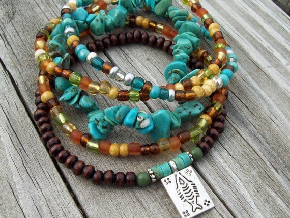 Good Fortune Fish Charm Stretch Bohemian Beaded Bracelet Stacks of Turquoise Gemstone Chips, Falling Leave Mix Czech Glass and Wood