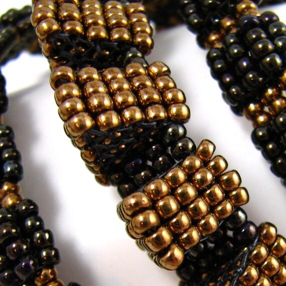 The Candy Bar Trio - Ribbed Peyote Bangle / Bracelet Set in Bronze and Brown (2599) - A Sand Fibers Creation