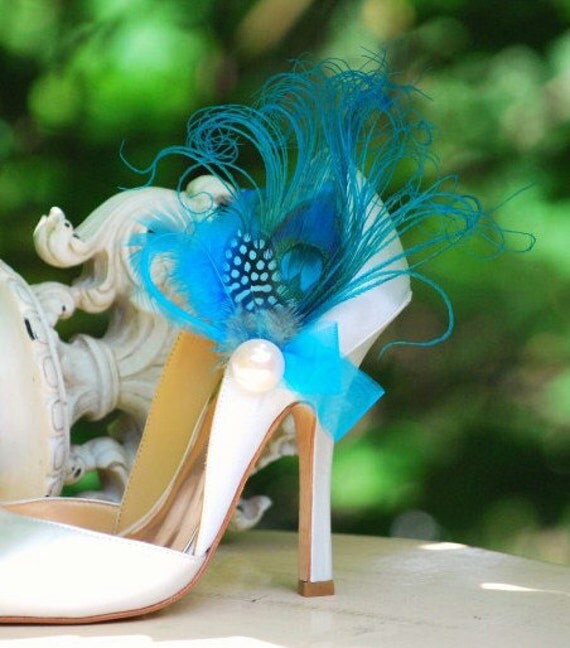 Shoe Clips Turquoise Peacock Feather Ivory Pearl Bride Bridal Bridesmaid 