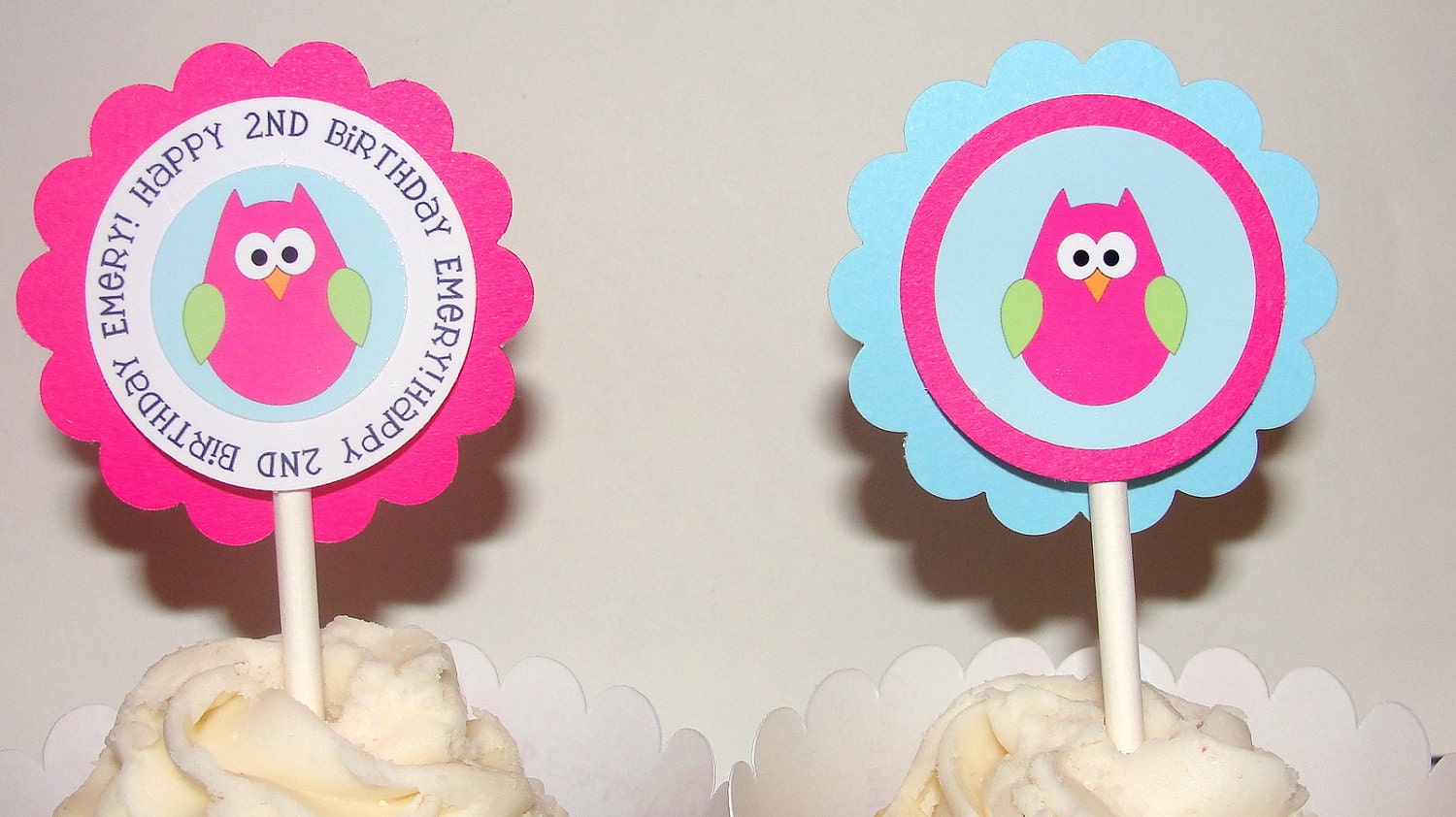 Personalized Owl Cupcake Toppers in Pink for Baby Shower  First Birthday Party Girl Birthday Party