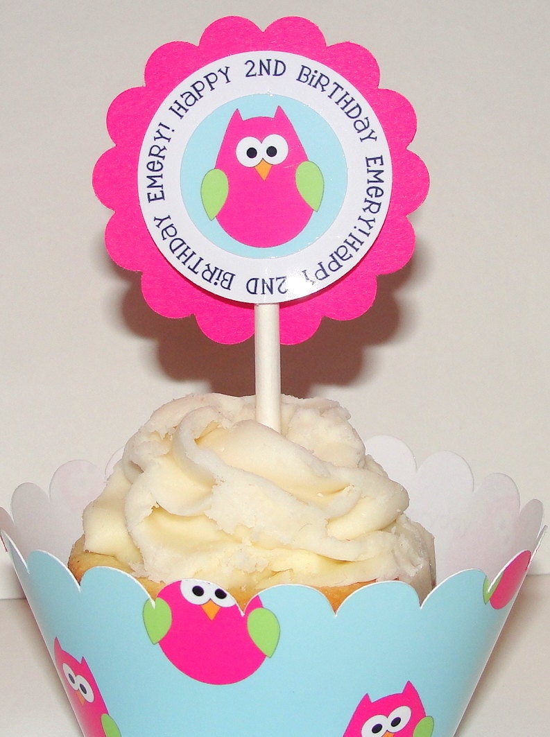 Personalized Owl Cupcake Toppers in Pink for Baby Shower  First Birthday Party Girl Birthday Party