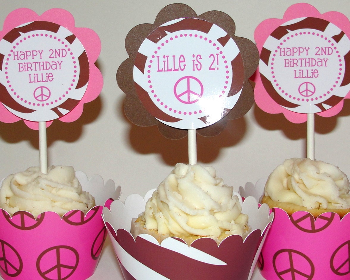 Personalized Peace Sign and Zebra Print Cupcake Kit Toppers Wrappers