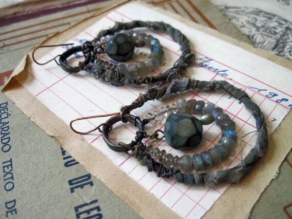 Extraterrestrial Diamonds.  Rustic Gypsy Labradorite Assemblage Earrings.