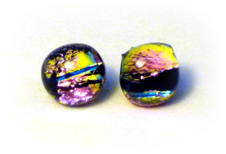 Glass Post Earrings, Pink Yellow Black and Blue, Dichroic Fused Glass