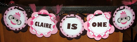 Personalized Girl Sock Monkey Birthday High Chair Banner