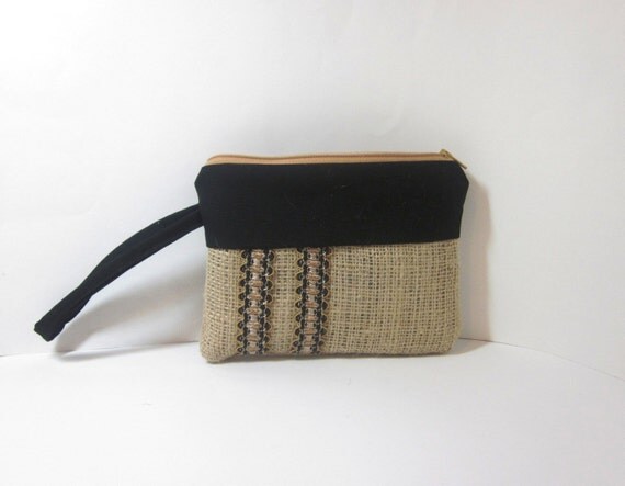 Black and Tan Wristlet -  Burlap and Canvas
