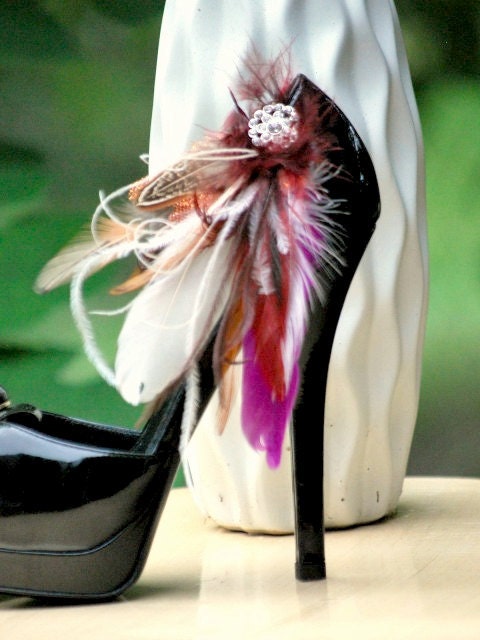 Shoe Clips Ivory Brown Burnt Orange Feathers Rhinestone Bride Bridal 