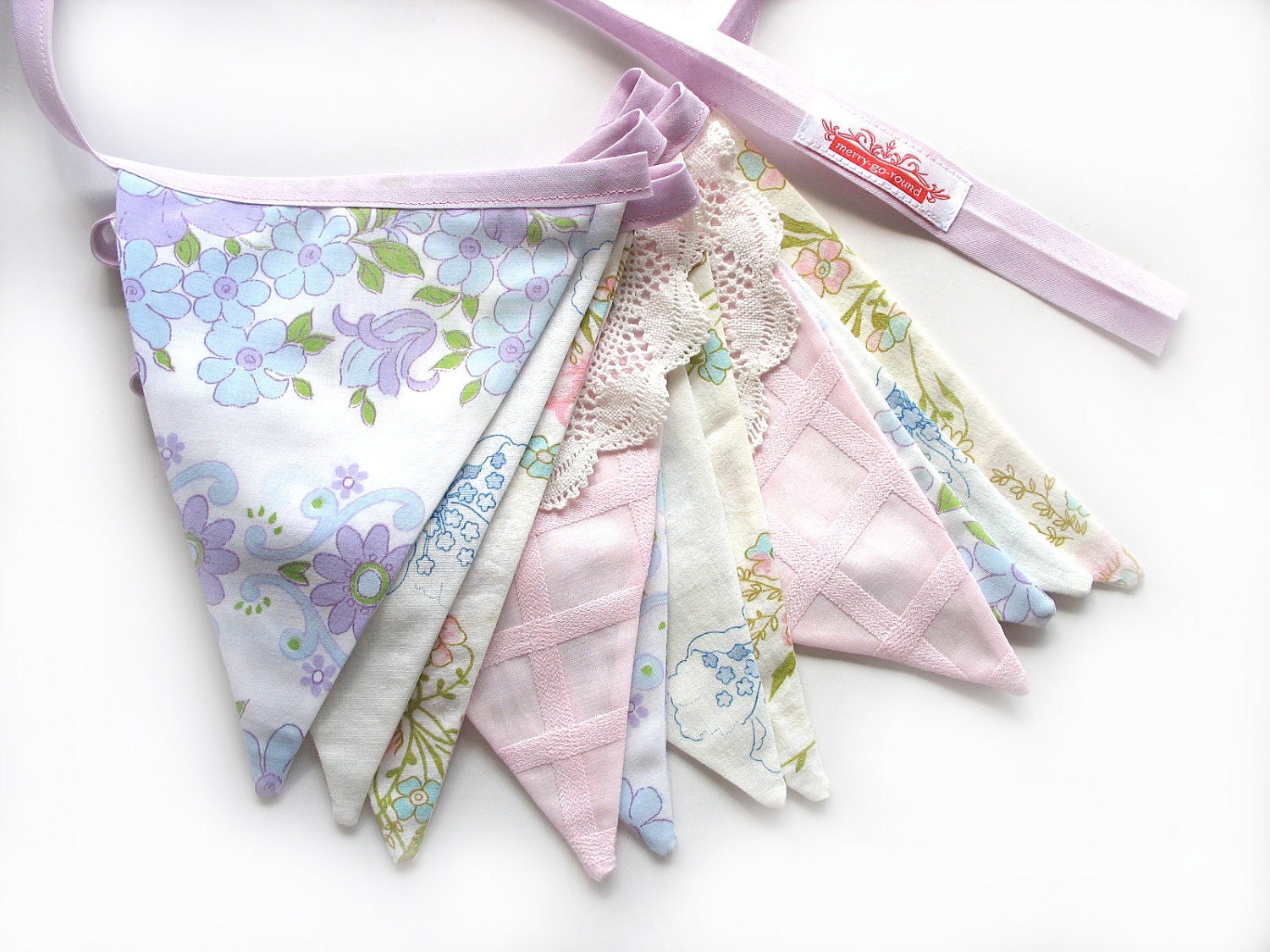 Vintage Pretty Pastel Floral Pink & Lilac Doily Lace, Floral Flag Bunting. Wall hanging, Parties, Party, Wedding etc