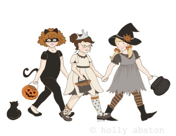 Girls' Night Out. 3 girls out for a night of trick or treating on Halloween. Original 8x10 giclee art print