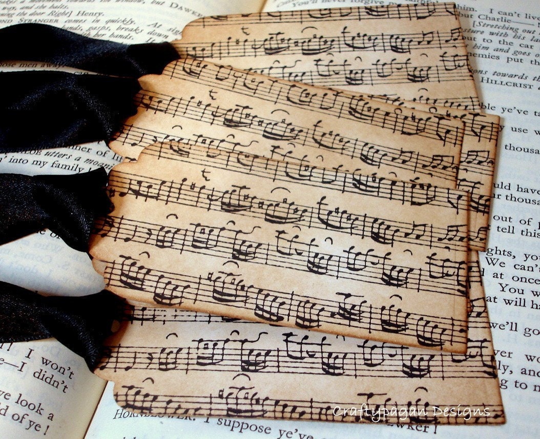 Music Notes-Handmade Vintage Style Gift Tags/Labels/Hang Tags SET of 6-Ribbon Choice Available