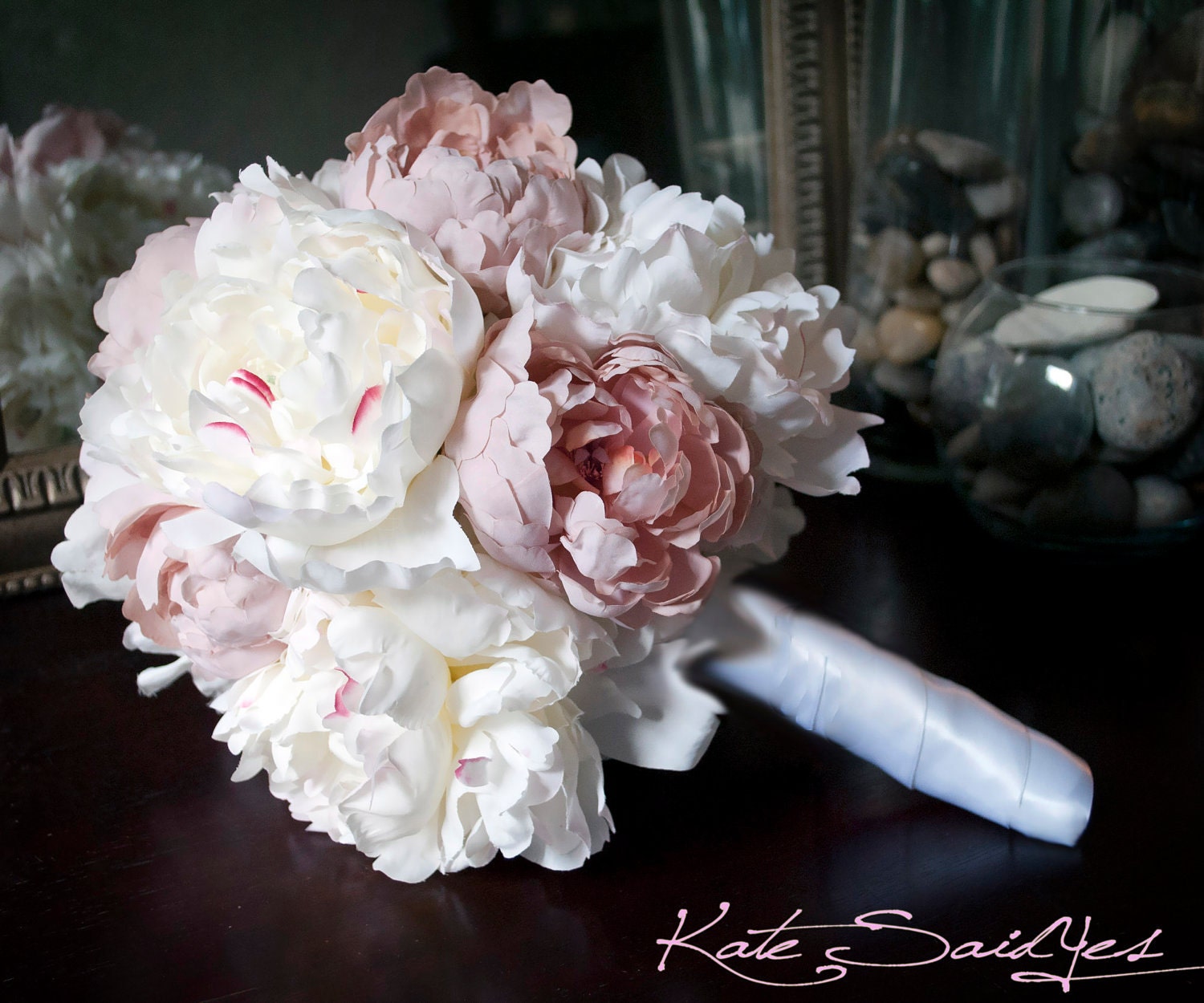Peony Bouquet Ivory and Blush Pink Peony Silk Bridal Wedding Bouquet