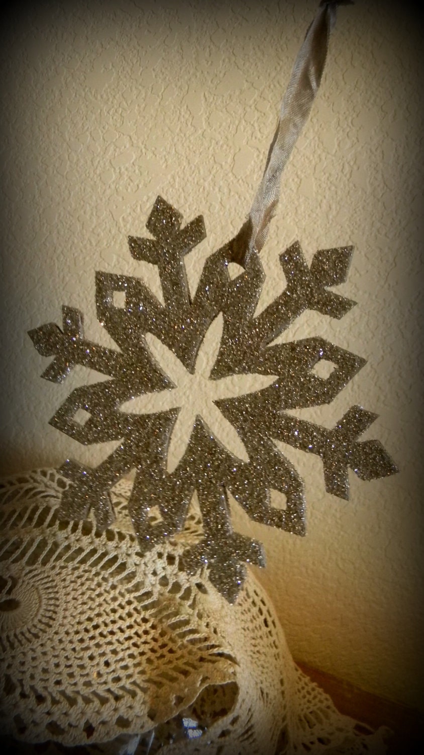 German Glitter Glass Silver Snowflake Wood Ornament