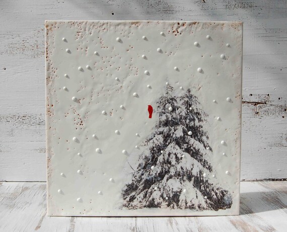 RED BIRD White TREE in Winter Original Encaustic Painting