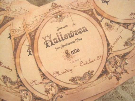 Save the Date HALLOWEEN Tags - Cards - Invitations - Party Invite - October 31st - Embossed - Glass Glitter - Buy Three Get One Free